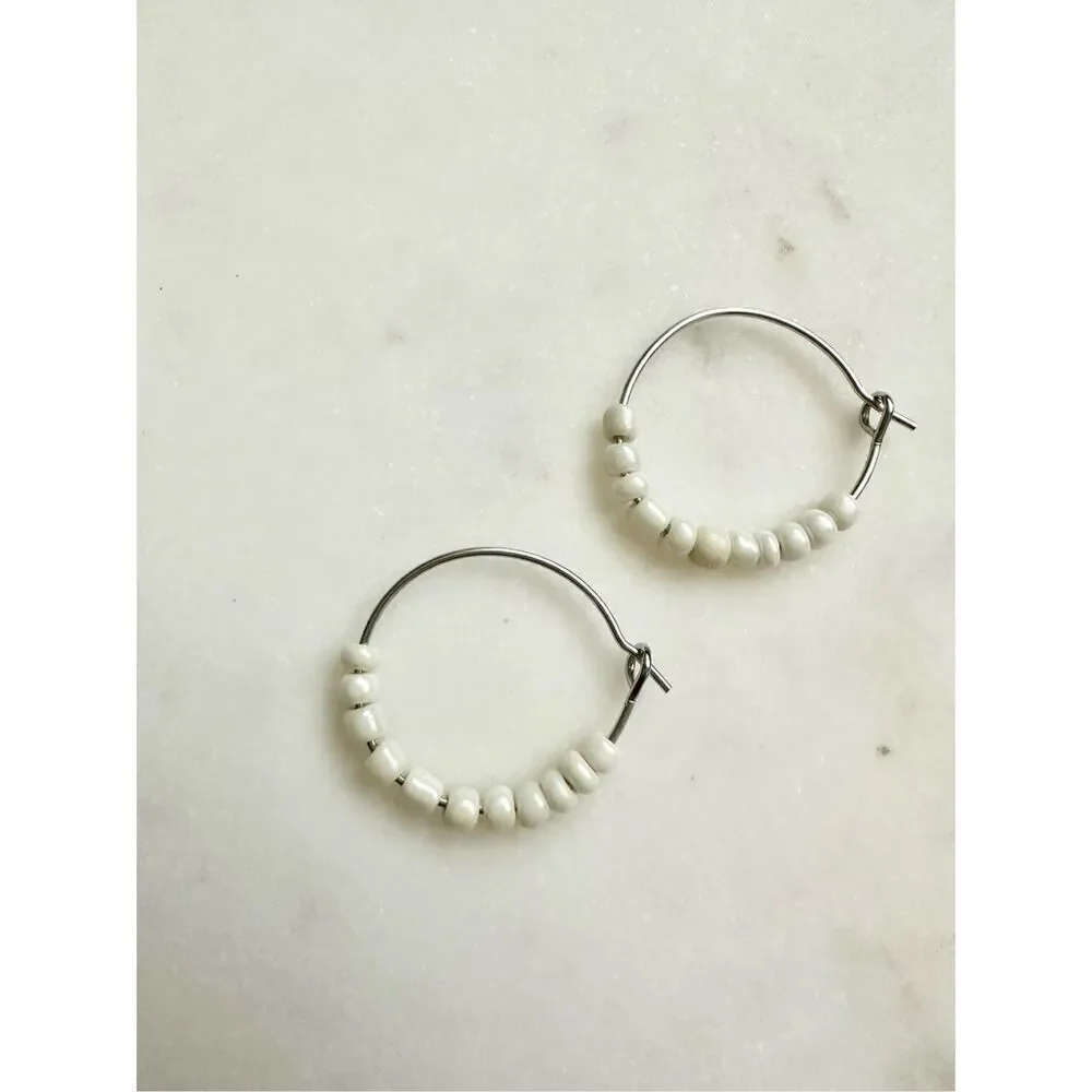 White petit beaded hoop earrings